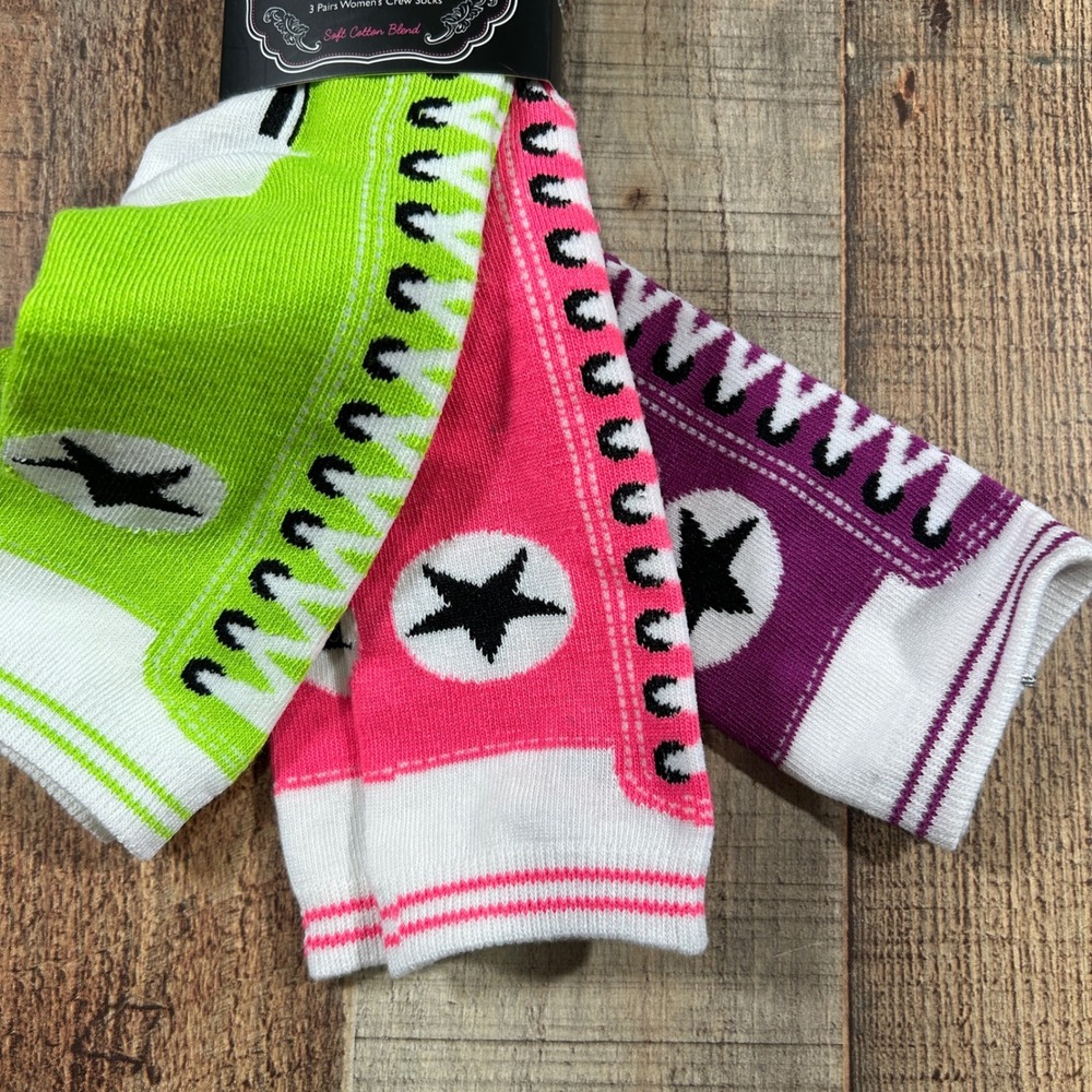 Nollia Womens Sneaker Graphic Crew Socks 3 Pack Neon Pink Green Purple New